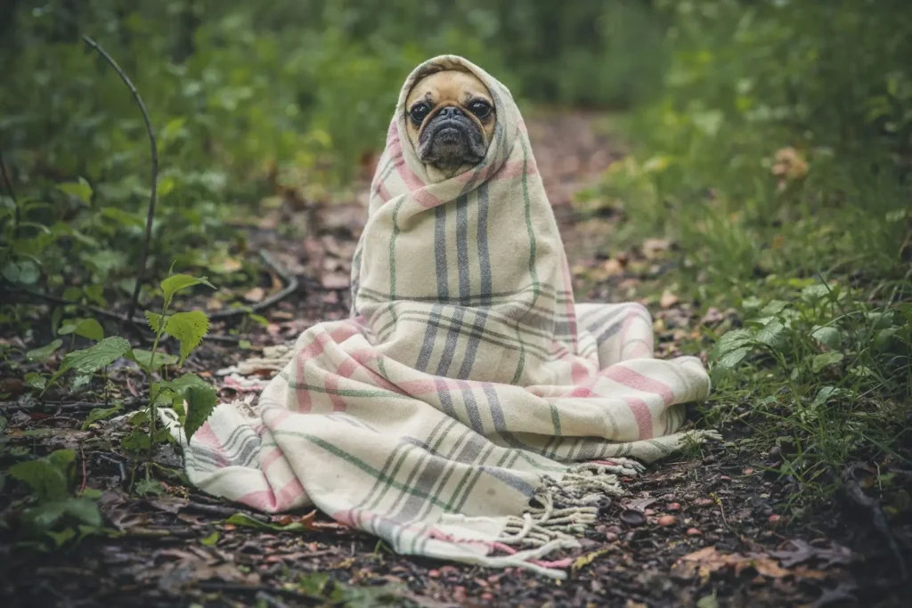 Nervous pug wrapped in a plaid blanket sitting on a forest path
